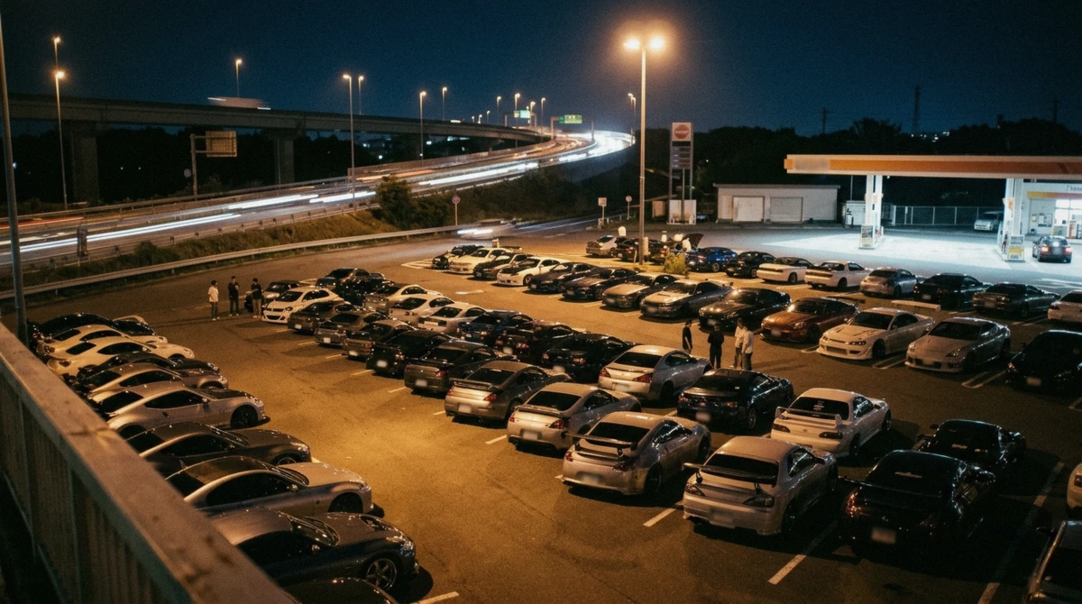 A packed rest-area lot with expressway light trails behind on a Tokyo night highway drive tour to Daikoku PA