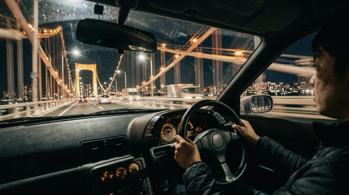 The view from inside a coupe crossing a lit bay bridge at night on a private JDM car tour in Tokyo