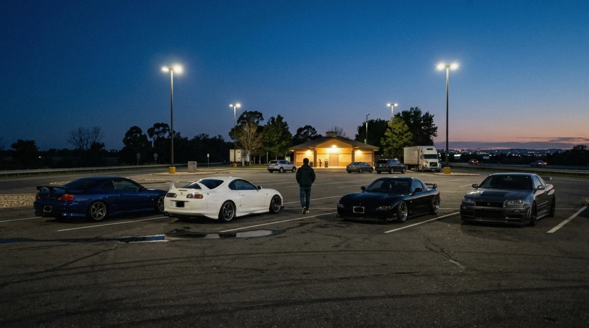 Rows of tuned cars filling the Daikoku PA lot on a Saturday night at the best time to visit daikoku pa