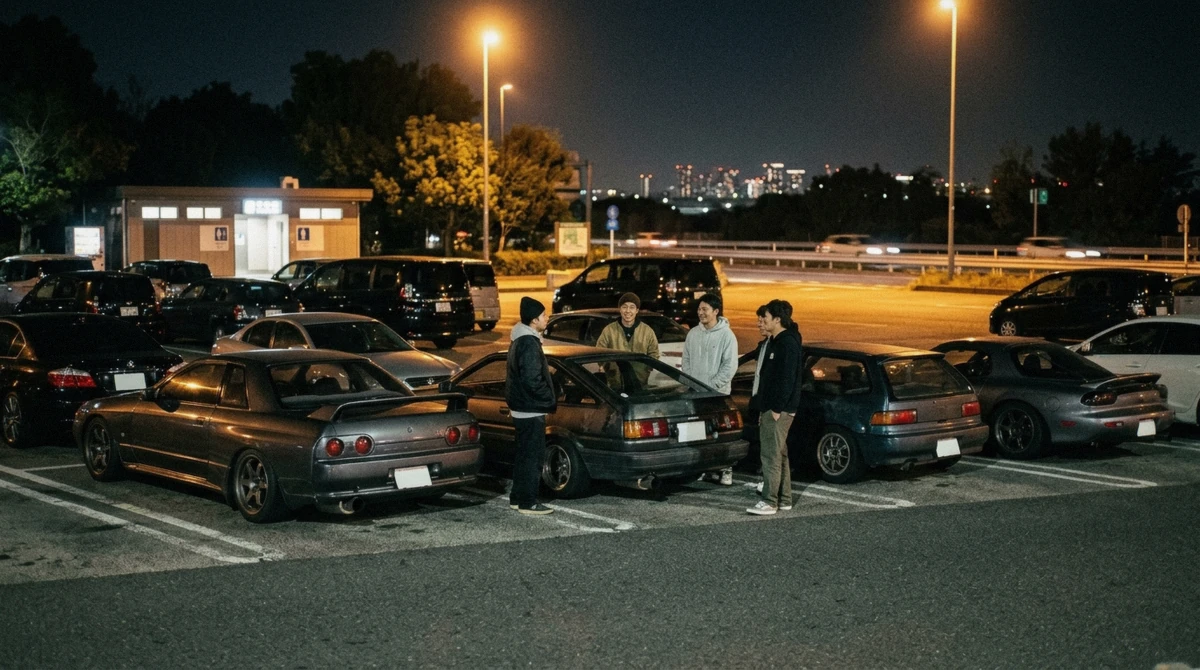 A group of enthusiasts around modified cars at a rest area at night on a cheap JDM car tour in Tokyo
