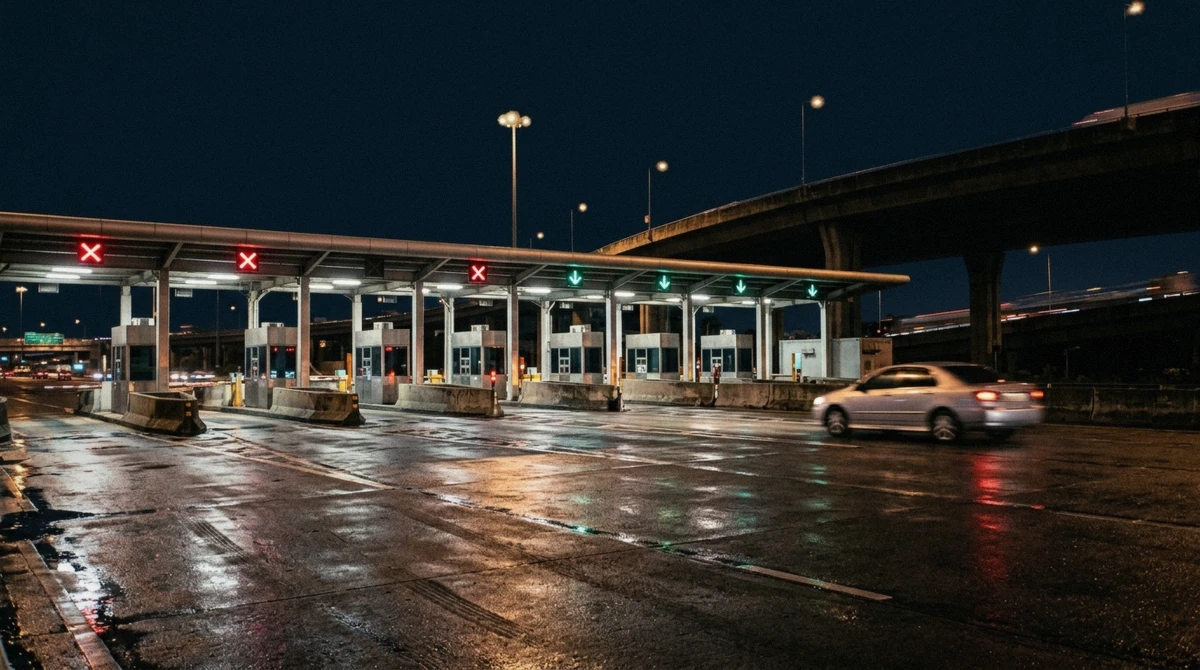 A rental car parked at a Shuto expressway toll gate at night near daikoku pa without a tour