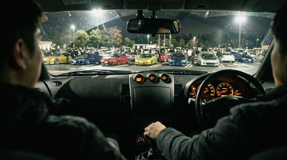 Visitors walking calmly past a row of modified JDM cars at night at a Daikoku PA car meet