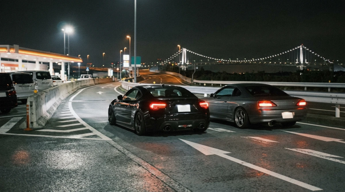 Tuned cars leaving a floodlit rest area for the expressway at night near the Daikoku PA map area in Yokohama