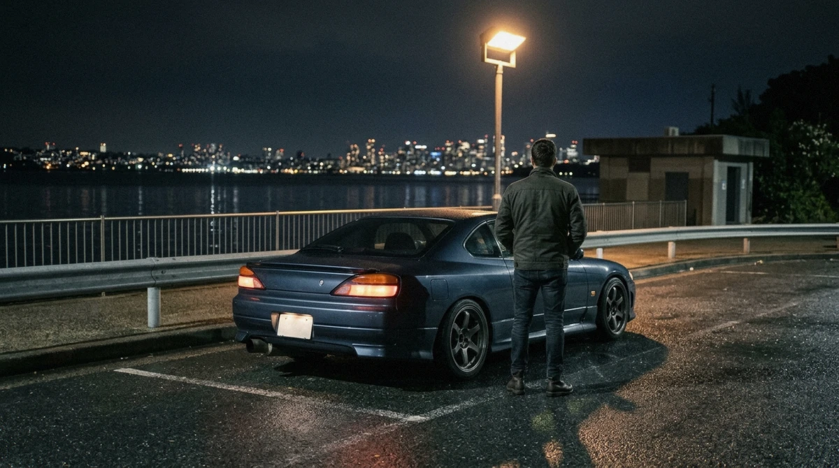 A tuned coupe and its driver at a quiet bayside overlook at night on a private JDM car tour in Tokyo