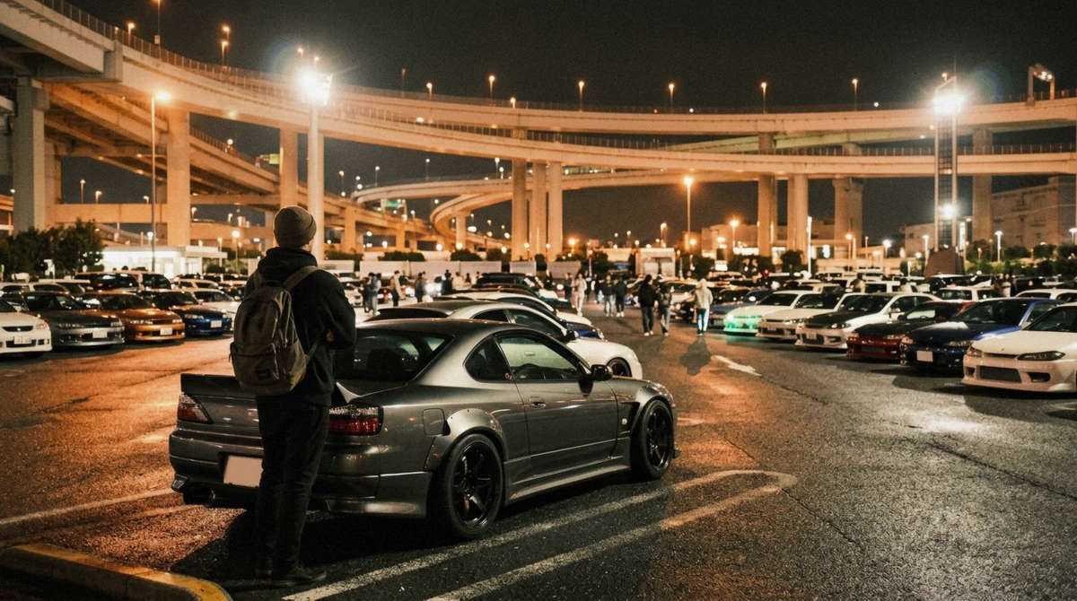 Tourists photographing tuned JDM cars under floodlights at night on a daikoku pa tour