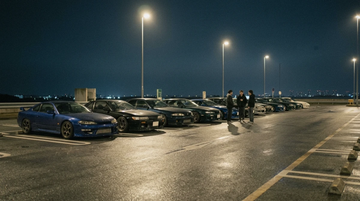 A row of JDM coupes under floodlights at night on a cheap JDM car tour in Tokyo