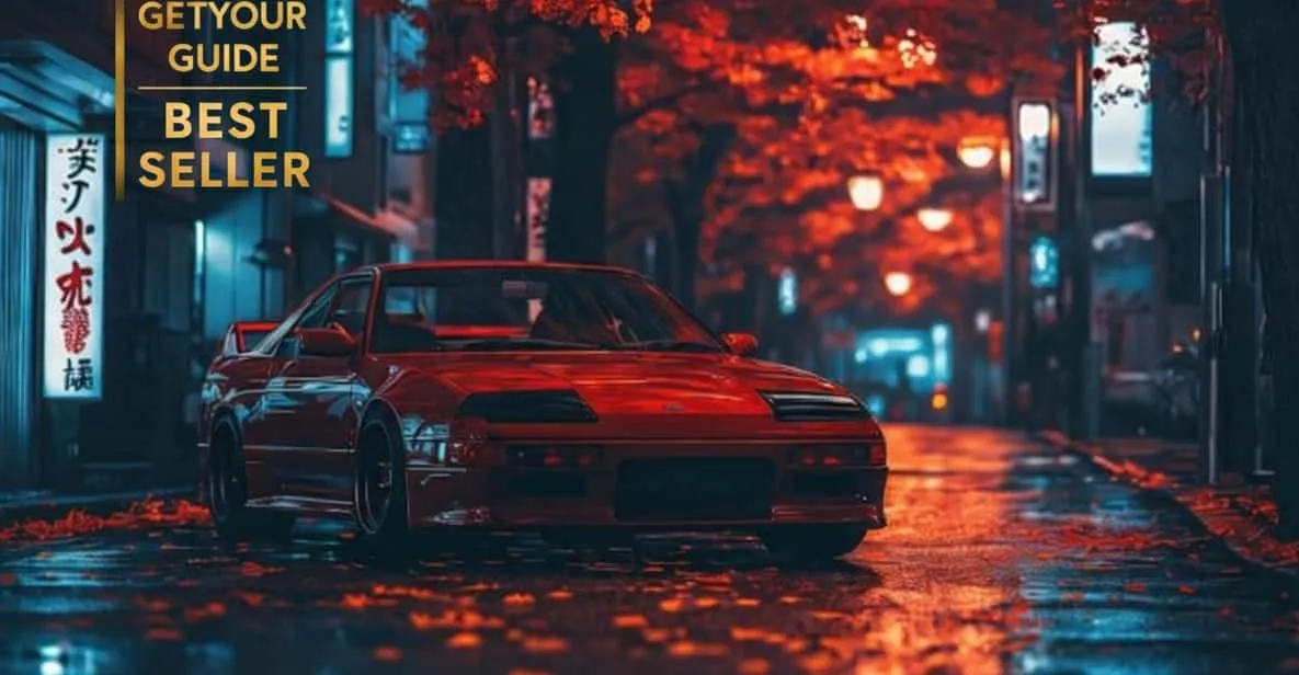 Convoy of modified JDM cars at a bayside rest stop on a private daikoku pa tour near Tokyo